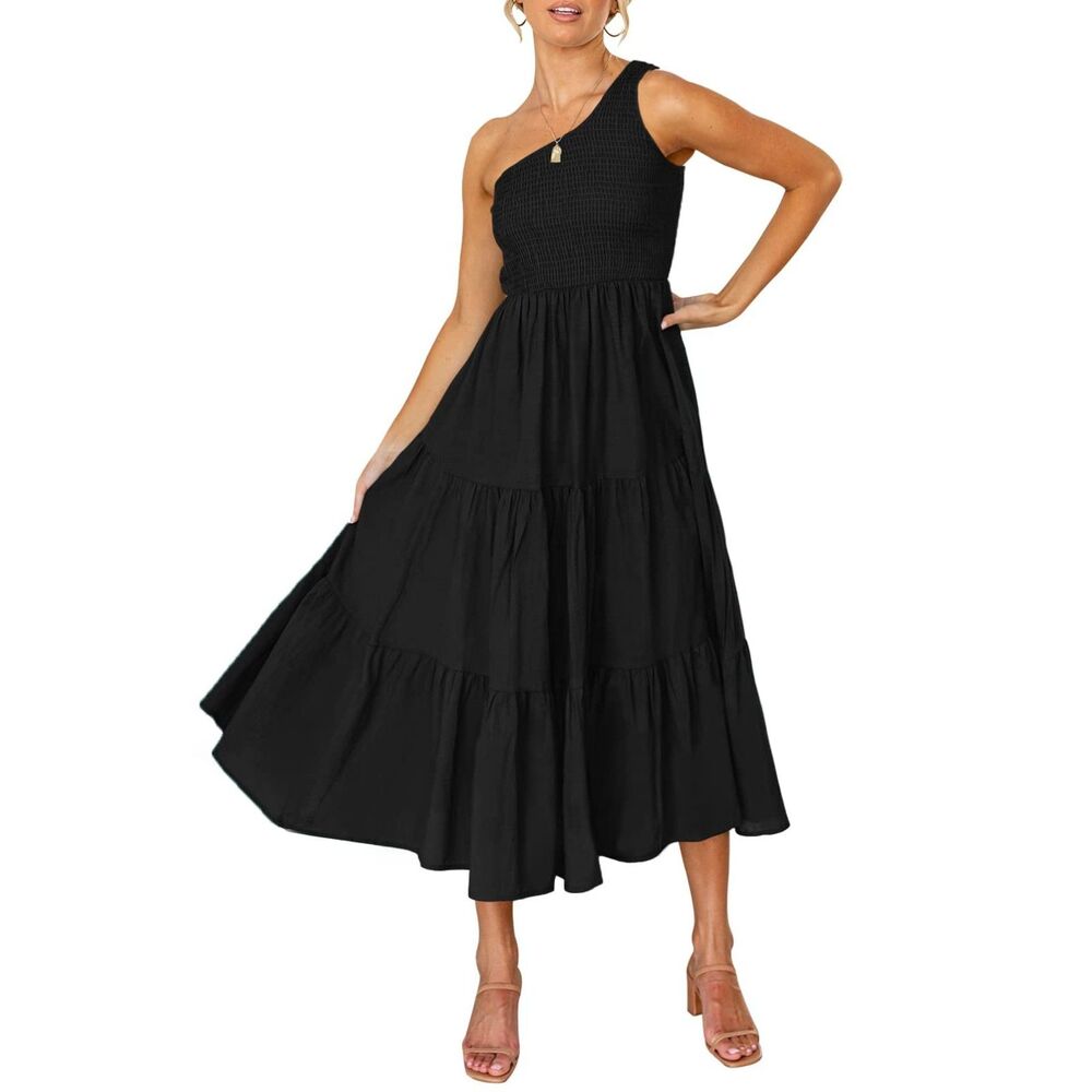 Floral Print One Shoulder Ruffle Tiered Midi Dress, SIZE XS, 8K-146D012